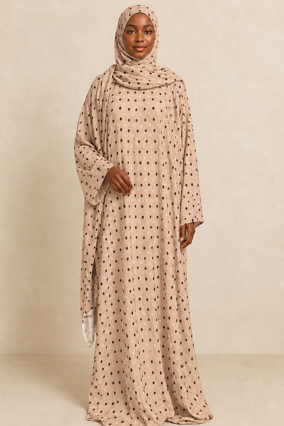 Robe de prière femme à pois – hijab intégré, vue portée