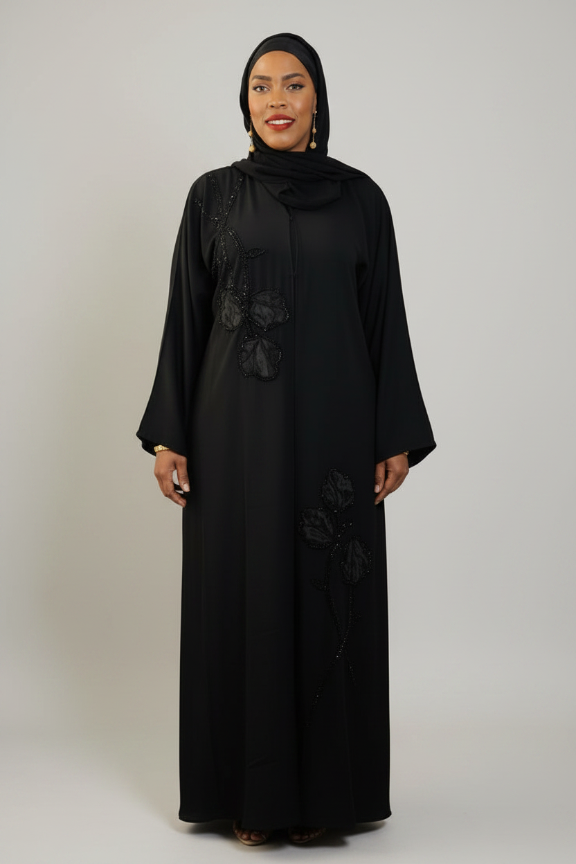 Abaya femme Rokia noire – vue de face, fond neutre