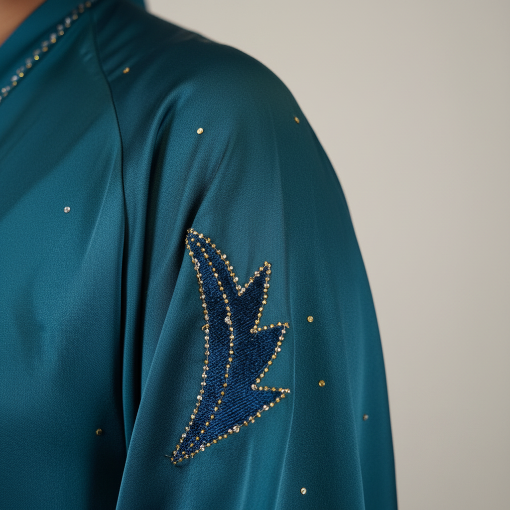 Abaya femme Mariam vert canard – zoom sur la broderie