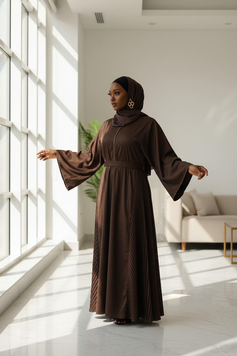 Abaya femme Zeinab marron satiné – manches larges, vue de profil