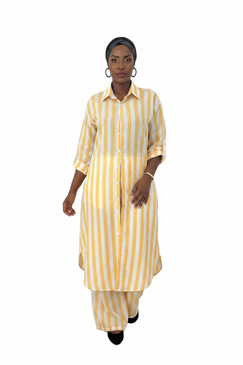 Ensemble Yasmine femme - tunique rayures jaune et blanc