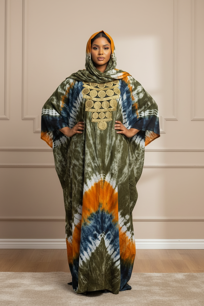 Robe Bintou violet/vert/jaune tie-dye avec grand foulard assorti et broderie dorée - portée de face