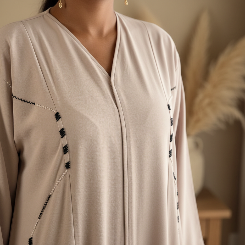 Shop by Lyah – Abaya Layla – Détail col V & broderies géométriques