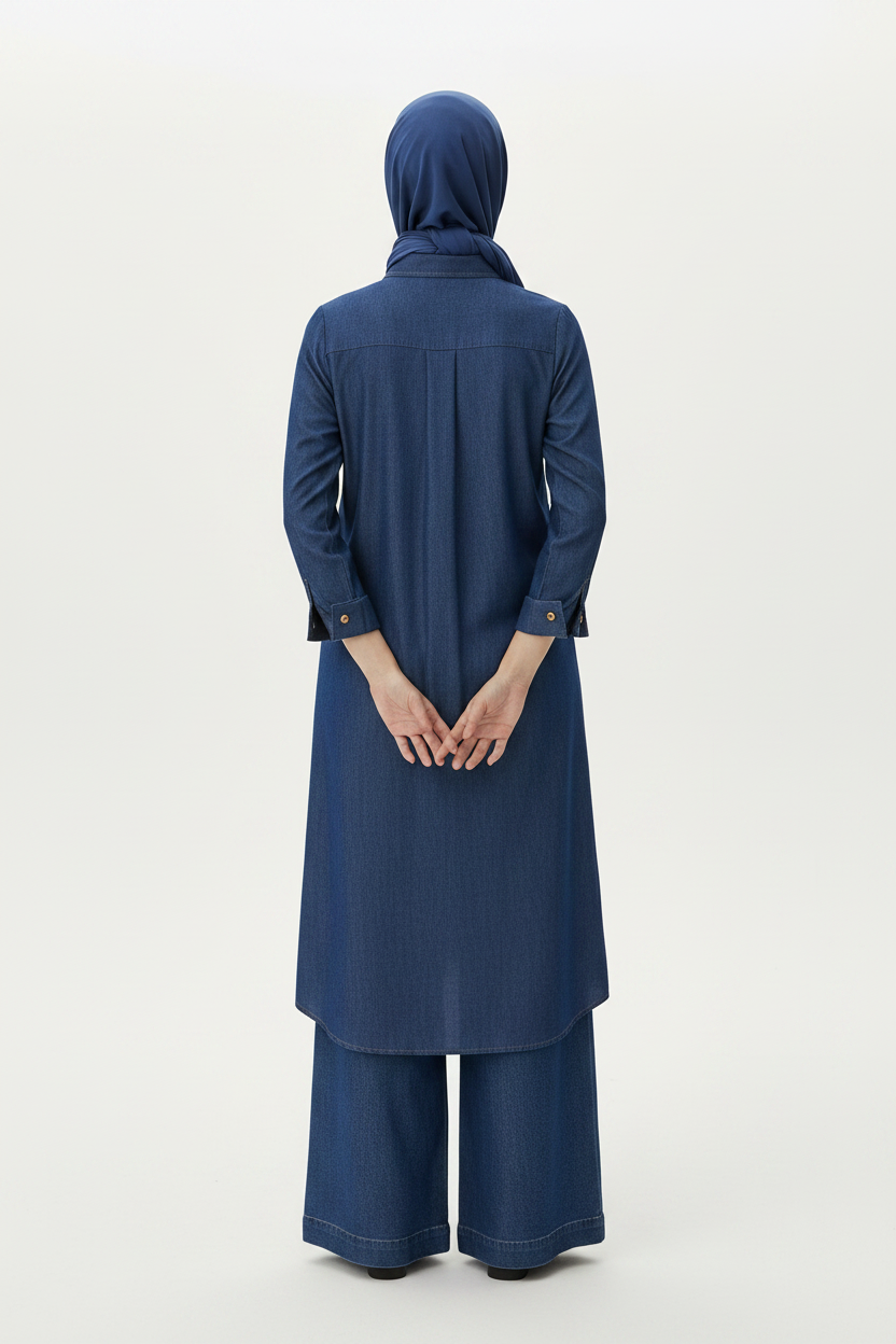 Ensemble Mouna bleu jean – vue de dos, pli d'aisance et ourlet arrondi