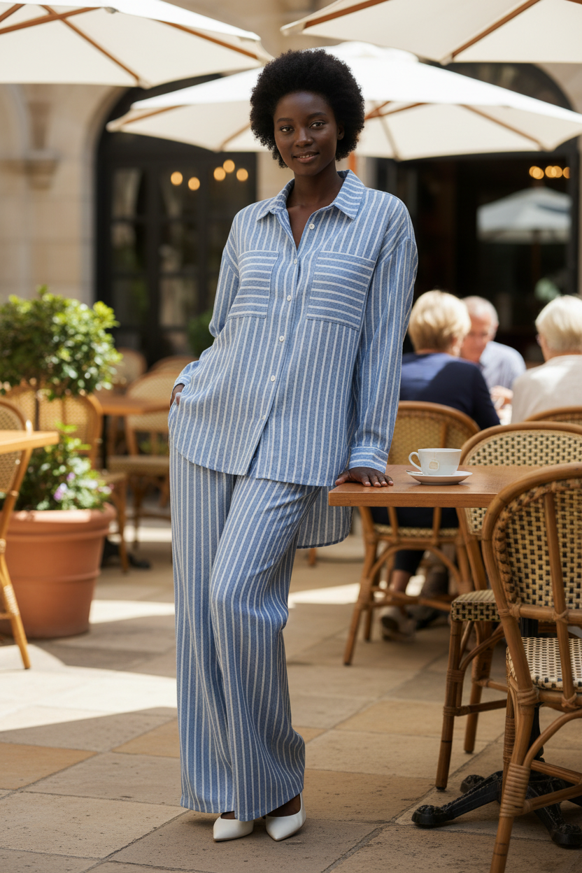 Ensemble Nelya en lin bleu ciel à rayures blanches - chemise longue boutonnée et pantalon large, vue de face - Shop by Lyah