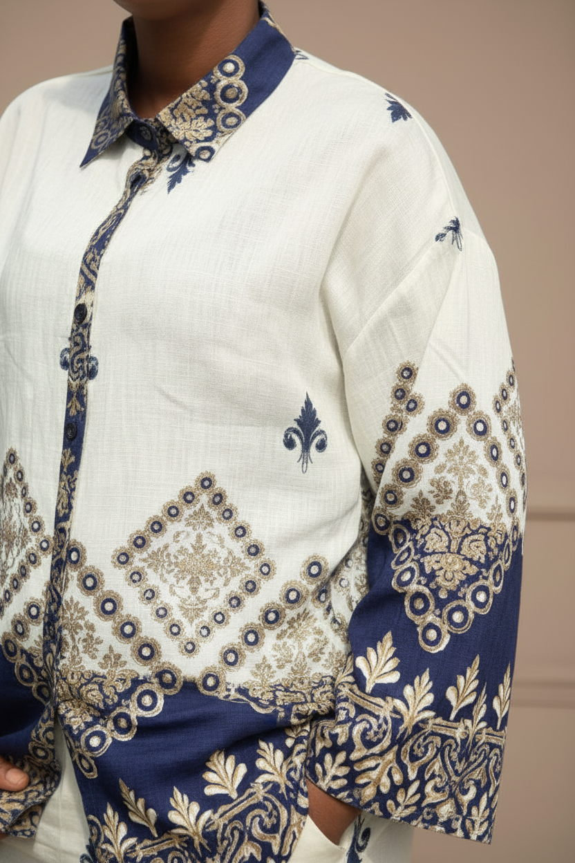 Ensemble en lin écru à motifs bleu nuit – détail du col et des motifs