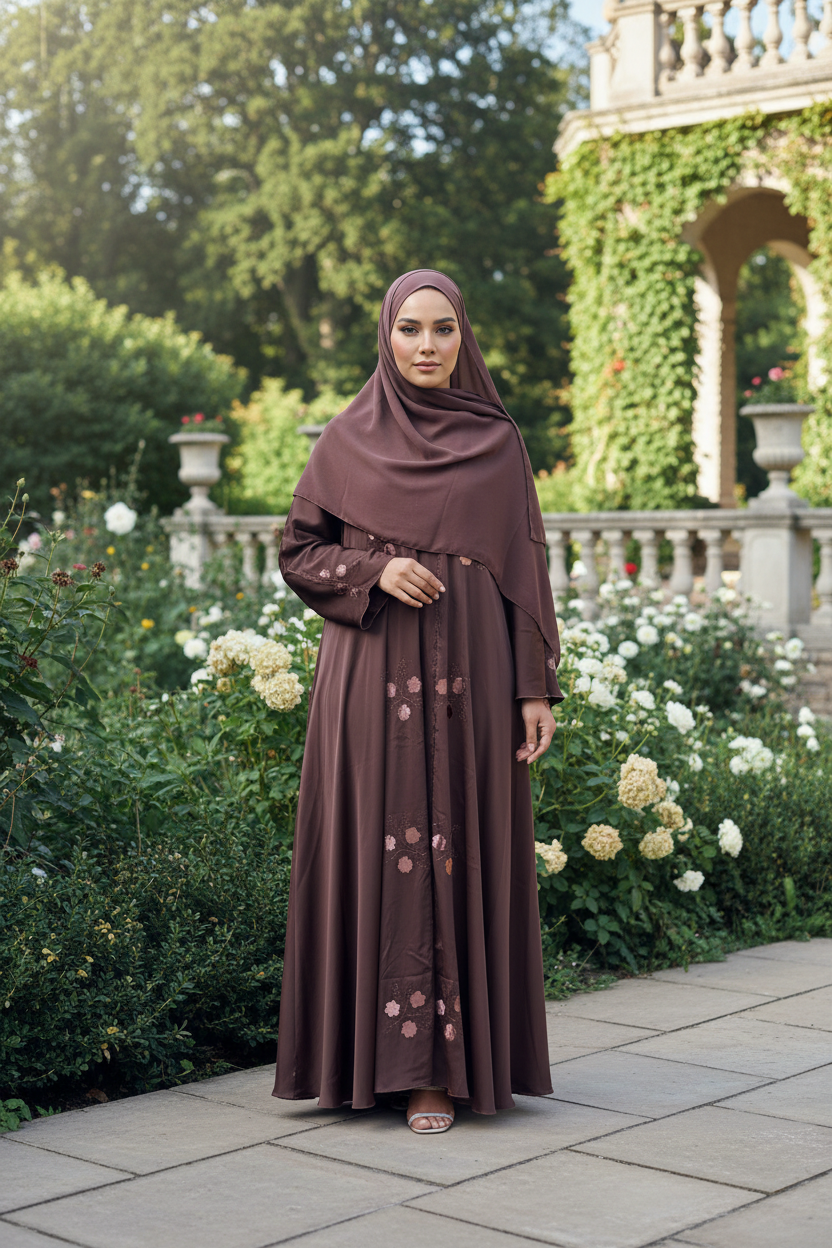 Abaya femme Malika marron clair brodée – vue de face