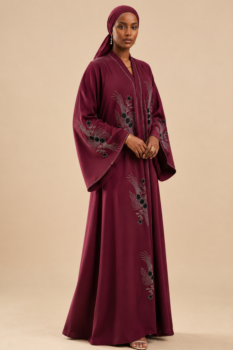 Abaya femme Nourdine rouge bordeaux – vue portée