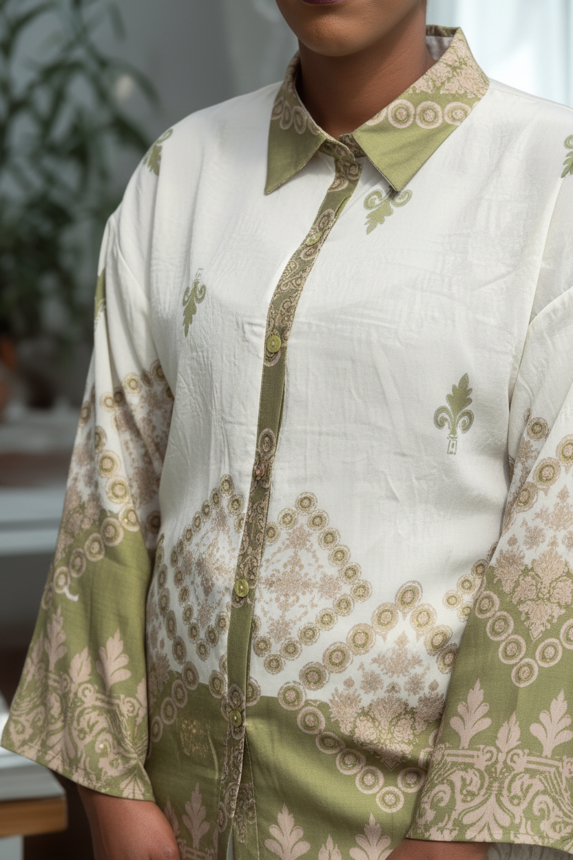 Ensemble en lin écru à motifs verts – détail du col et des motifs