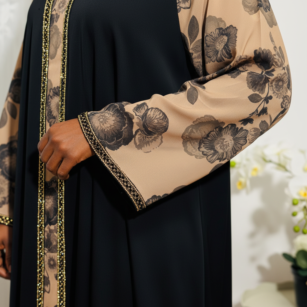 Abaya femme La Soudanaise – détail organza et bordure dorée