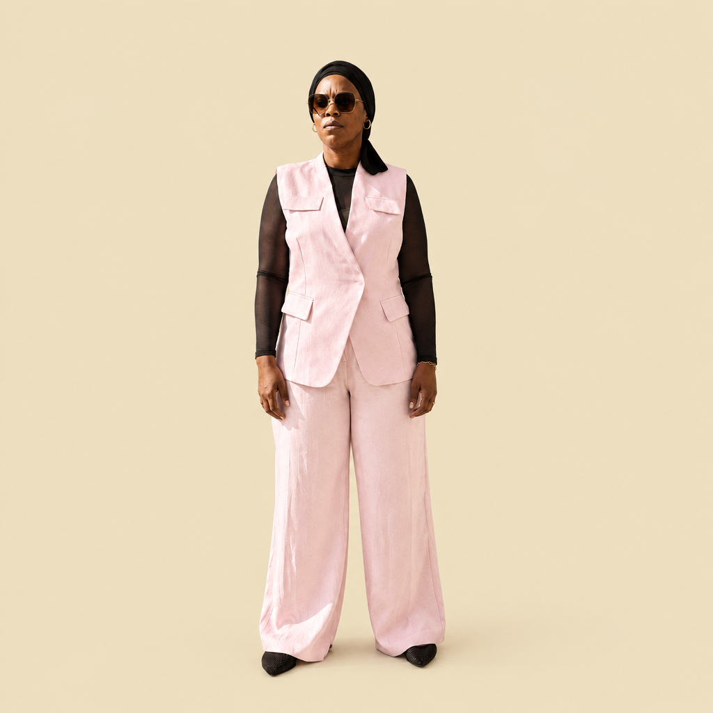 Ensemble Hana – gilet sans manches et palazzo, bordeaux ou rose poudré
