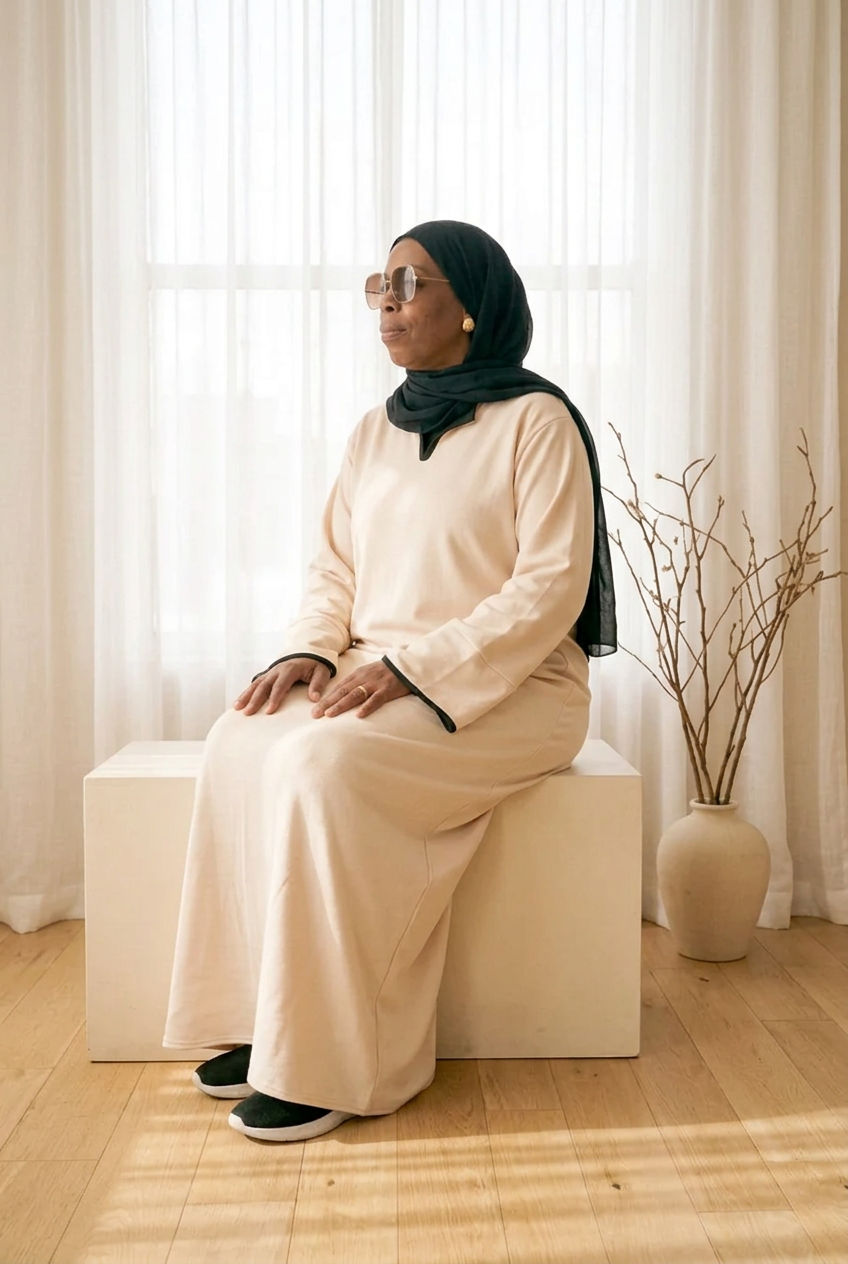 Robe longue Rokia beige portée devant une fenêtre, coupe ample et manches longues