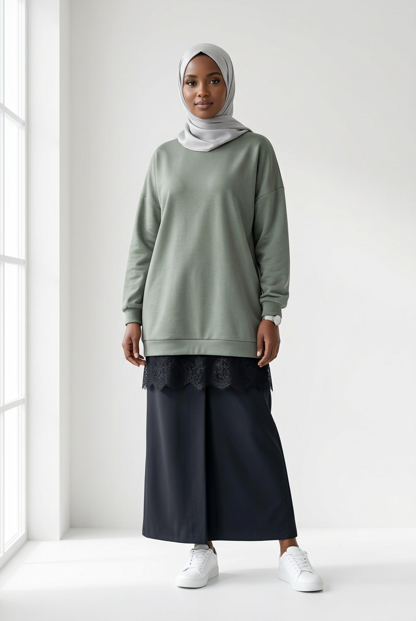 Aicha Women's Long Oversized Jumper with Lace Hem