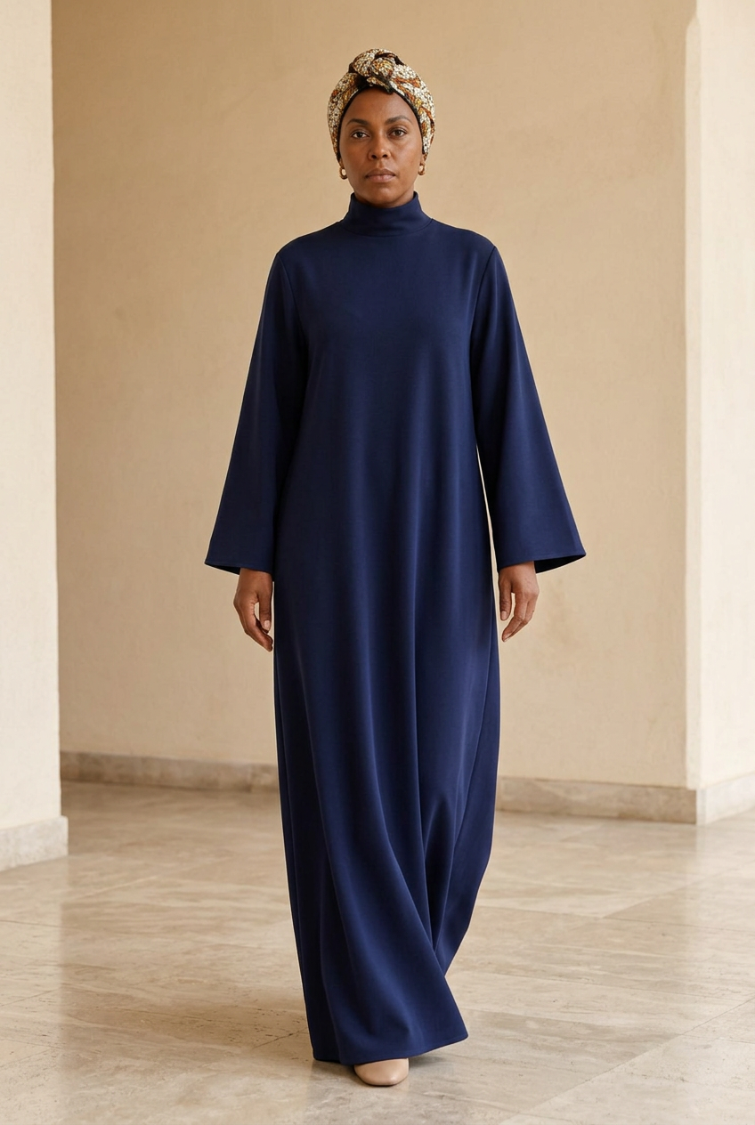 Robe longue d'hiver Salma bleu marine à col montant – vue de face portée