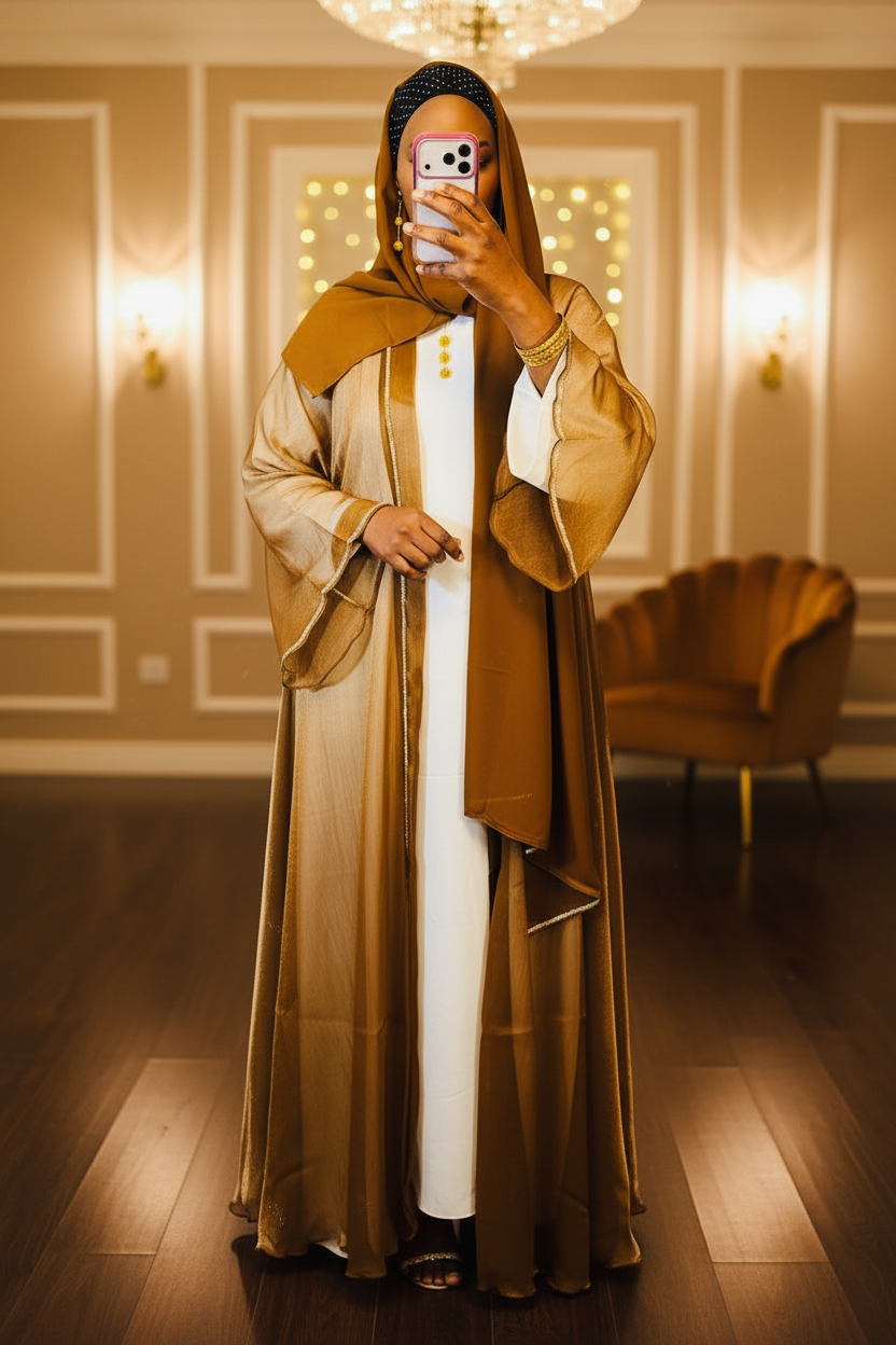 Shop by Lyah – Abaya Médina 2 Pièces – Vue face – Camel & Crème