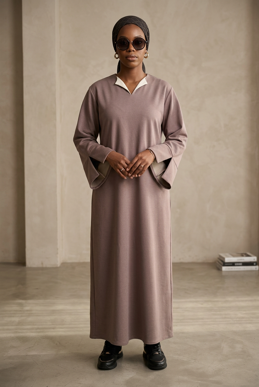 Robe Abaya Longue Ample Femme Col V Contrasté – Rokia