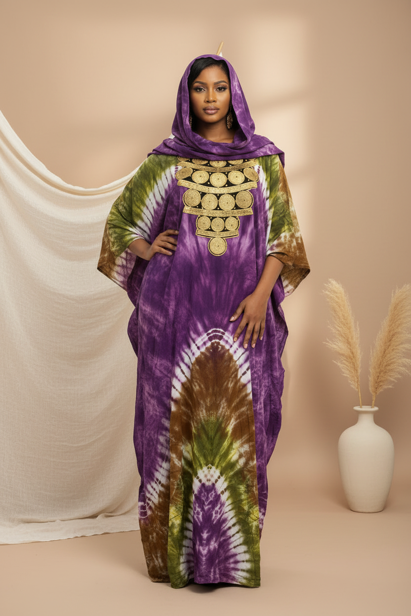 Robe Bintou bleu/noir/orange tie-dye avec grand foulard assorti - vue de dos, bras écartés