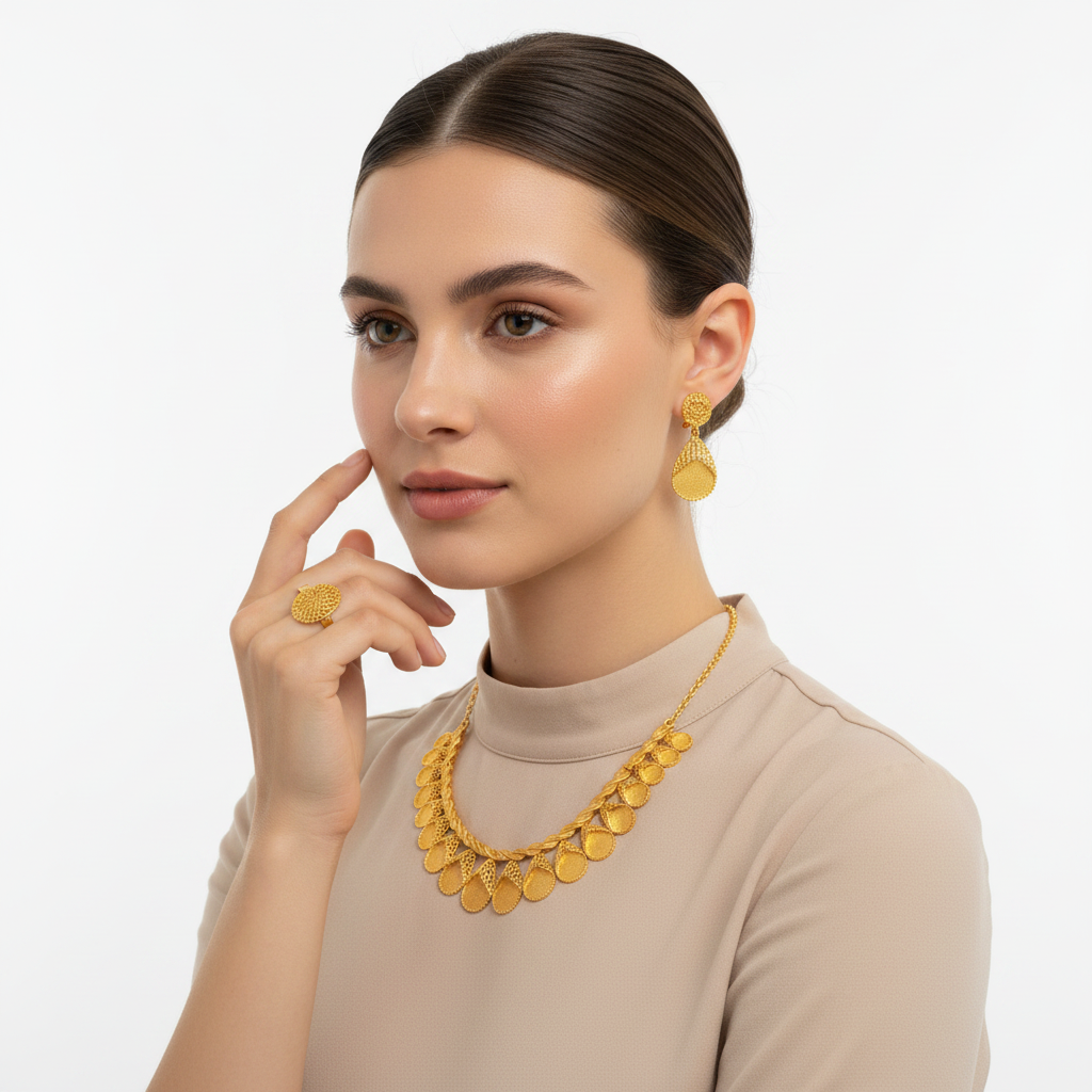 Femme portant la Parure Sultana Shop by Lyah : collier, boucles d'oreilles et bague plaqué or