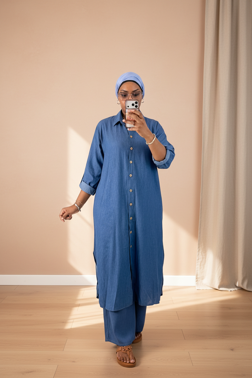 Ensemble Mouna bleu jean – tunique chemise boutonnée et pantalon large, vue de face