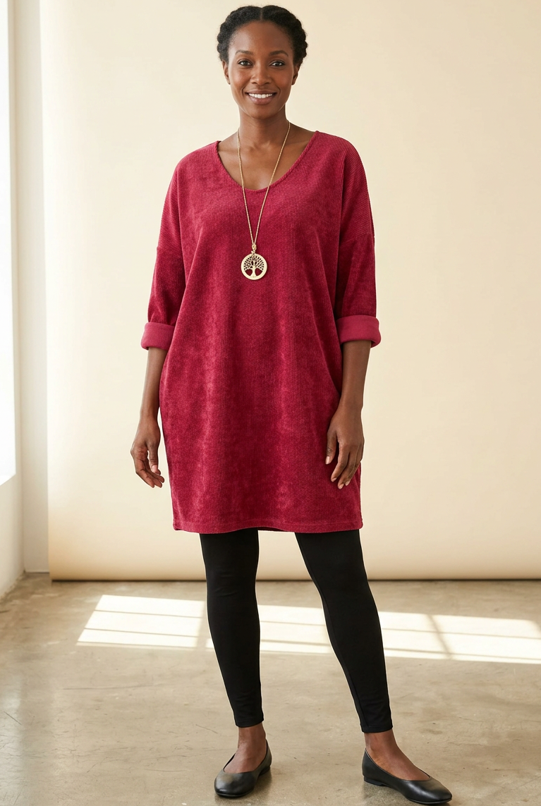 Robe tunique Aïssata rouge bordeaux portée avec un legging noir, manches repliées