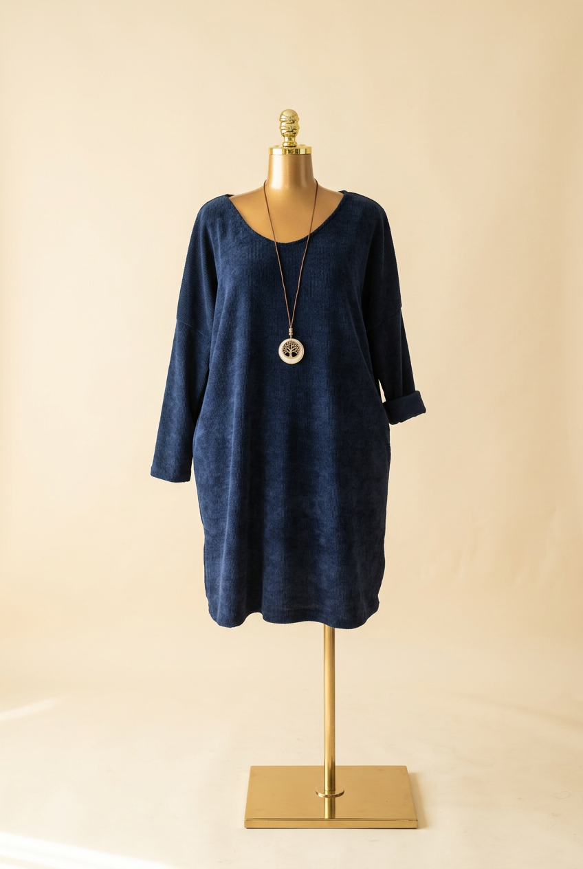 Robe Aïssata bleue sur mannequin, col V arrondi et collier inclus