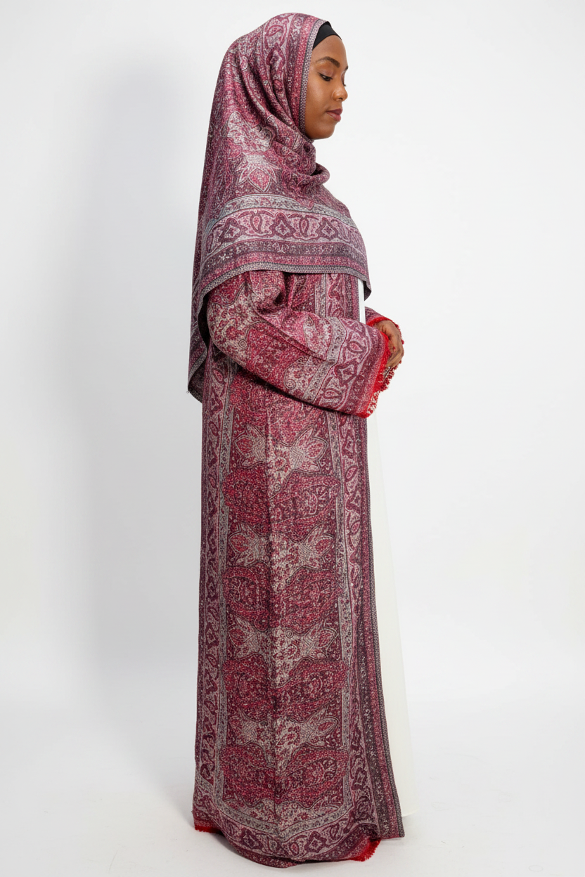 Abaya femme pashmina Brume – vue de profil, imprimé cachemire bordeaux