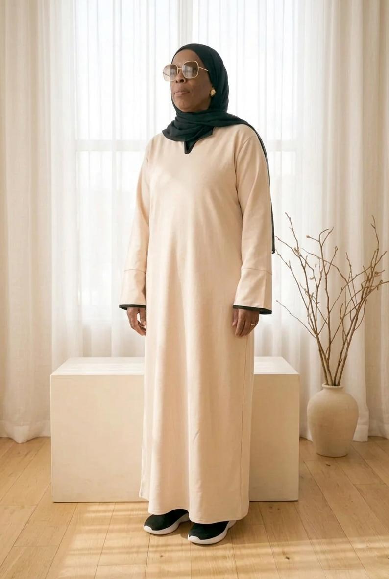 Robe Abaya Longue Ample Femme Col V Contrasté – Rokia