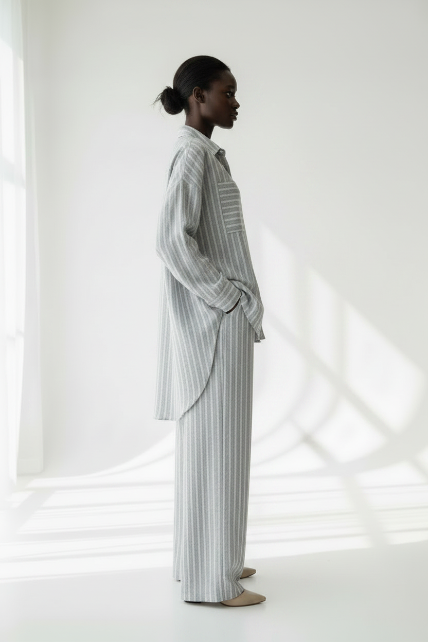 Ensemble Nelya en lin rayé bleu ciel, look décontracté chic porté en extérieur - Shop by Lyah