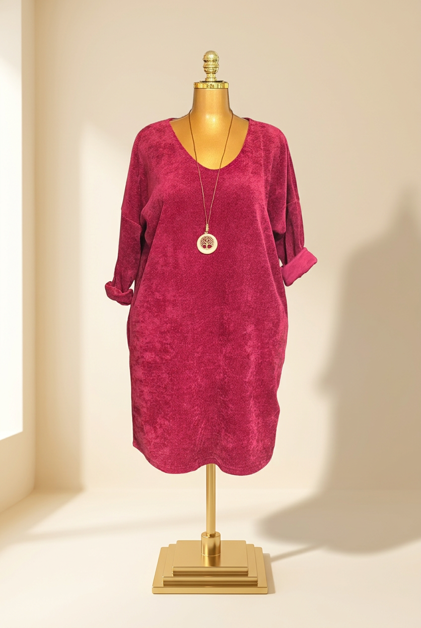 Robe Aïssata rouge bordeaux sur mannequin, maille côtelée et collier pendentif