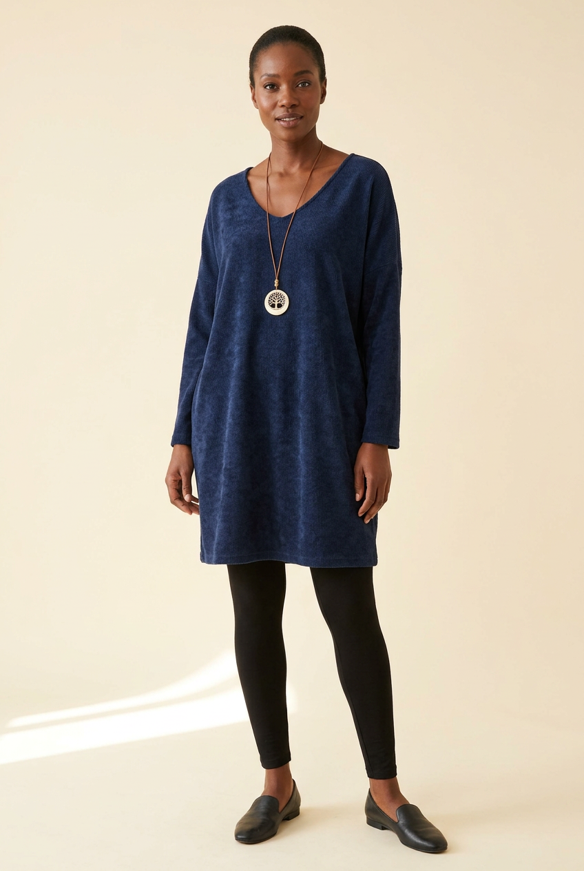 Robe tunique oversize Aïssata bleue portée avec un legging, collier pendentif inclus