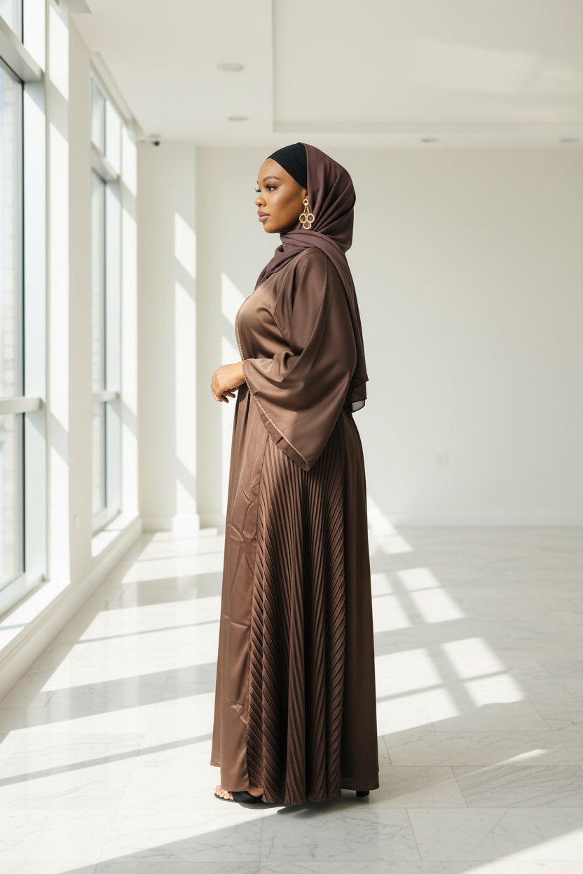 Abaya femme Zeinab marron satiné – détail du tissu