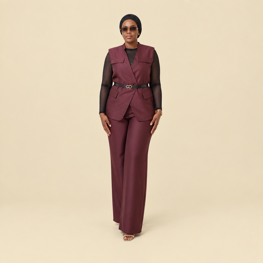 Ensemble Hana femme – gilet croisé et pantalon palazzo, tenue de soirée