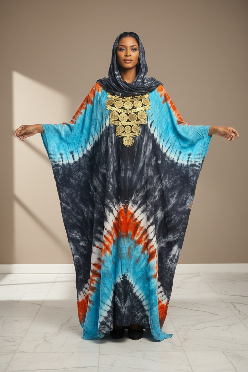 Robe Bintou kaki/orange/bleu tie-dye avec grand foulard assorti et broderie dorée - portée de face