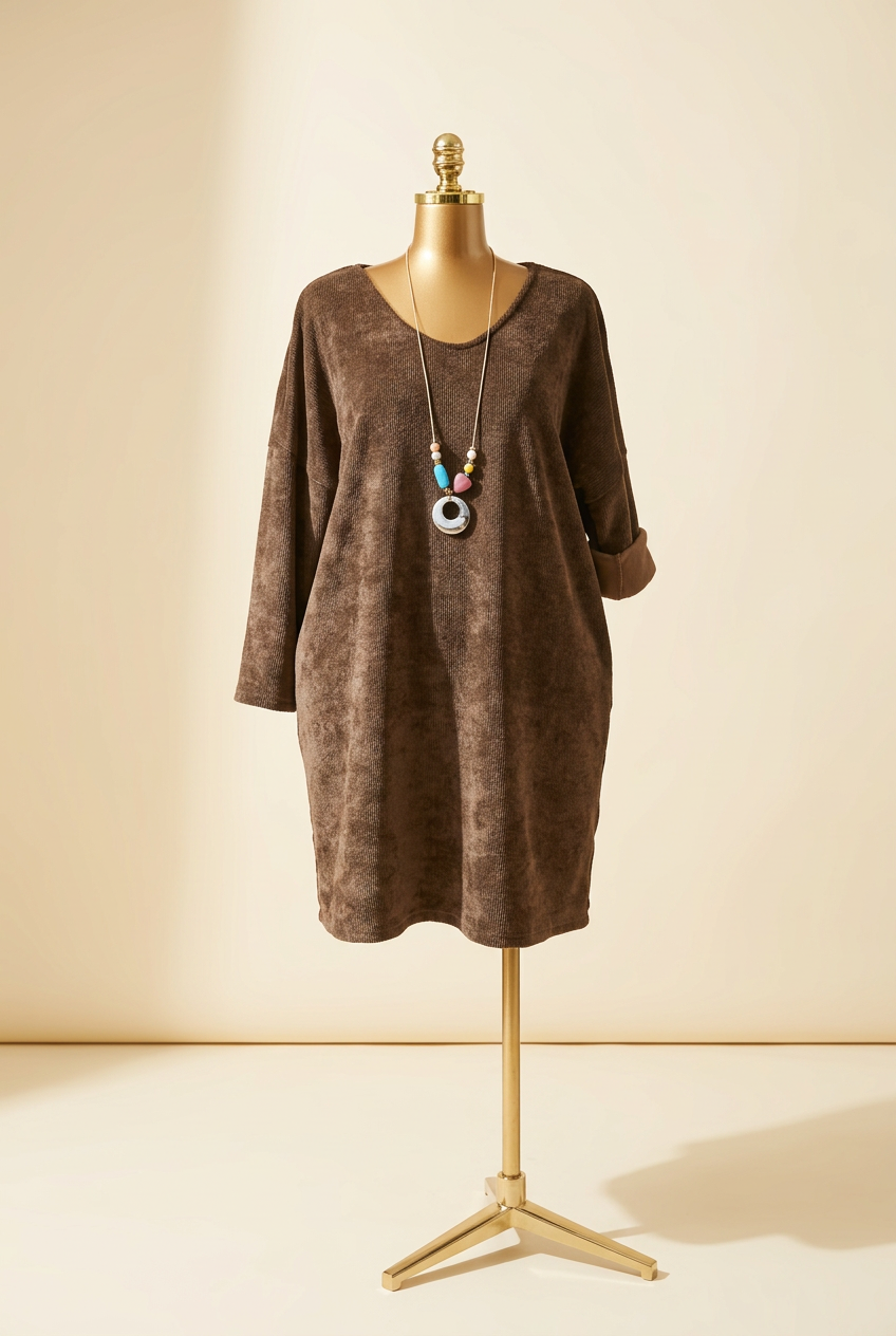 Robe Aïssata marron sur mannequin, coupe oversize et collier inclus