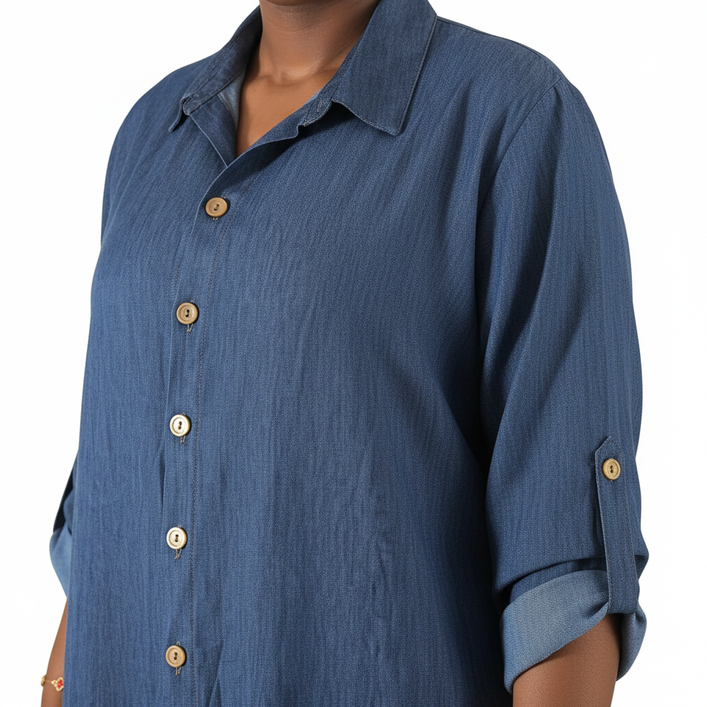 Ensemble Mouna bleu jean – détail du col chemise et du boutonnage bois