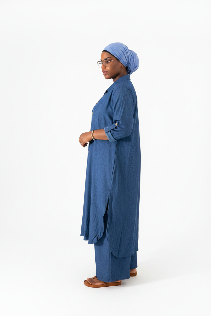 Ensemble Mouna bleu jean – vue de profil, tunique fluide et pantalon large assorti
