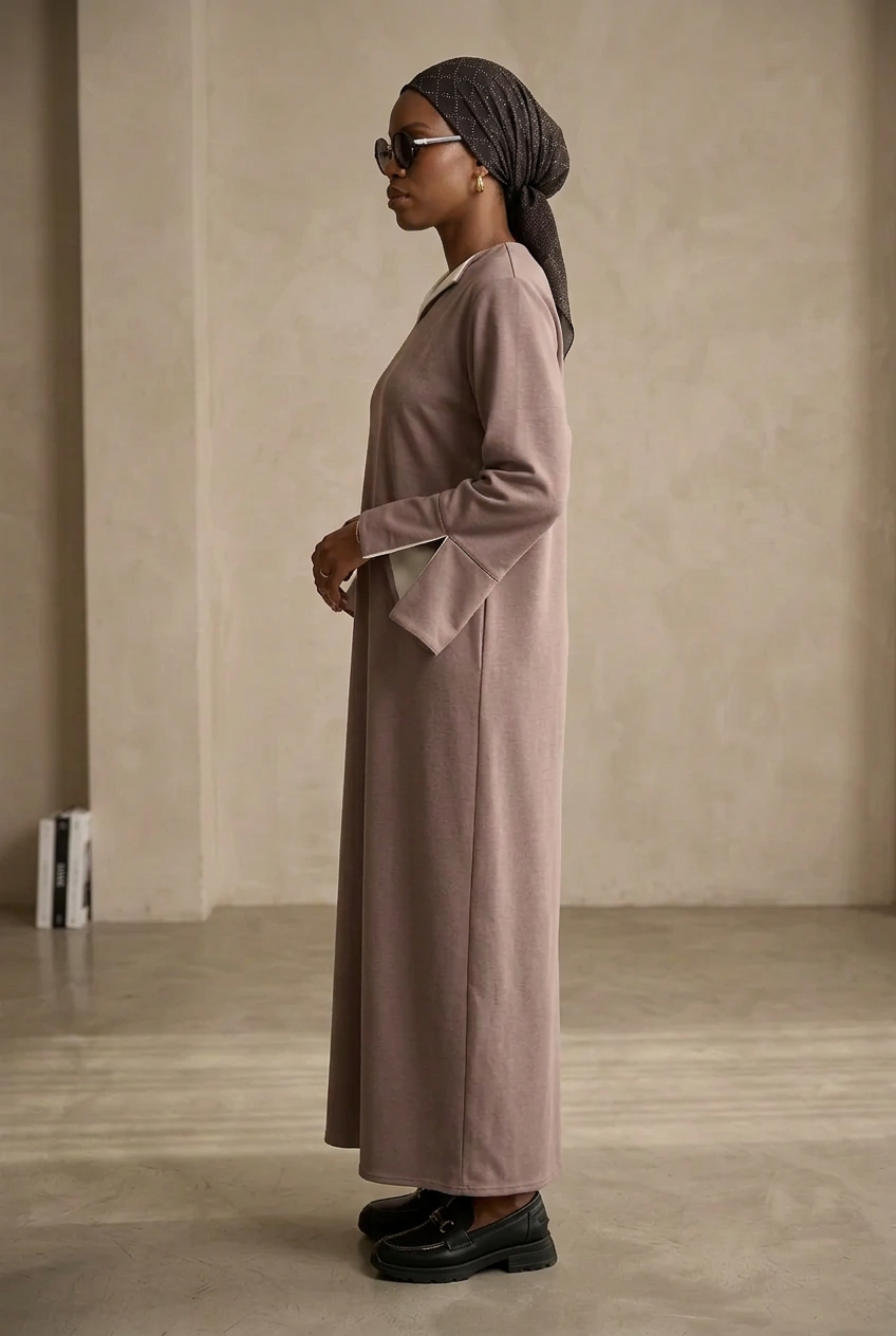 Robe Abaya Longue Ample Femme Col V Contrasté – Rokia