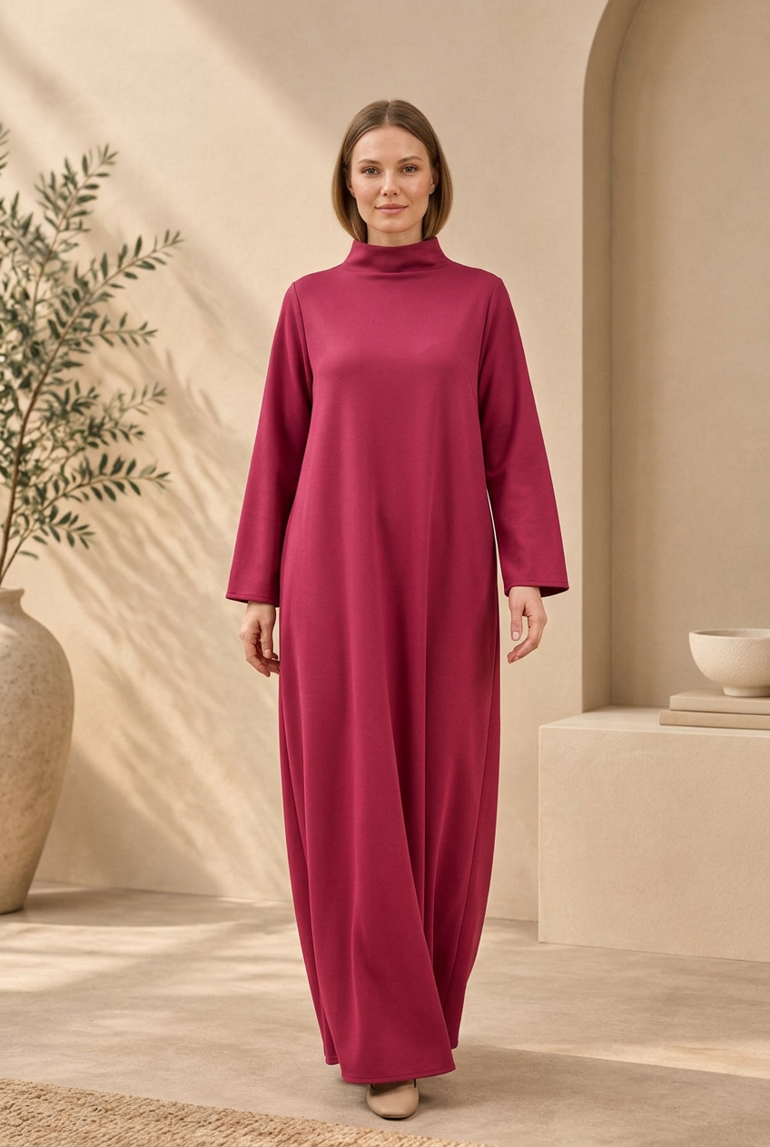 Robe longue d'hiver Salma bordeaux à col montant – vue de face portée
