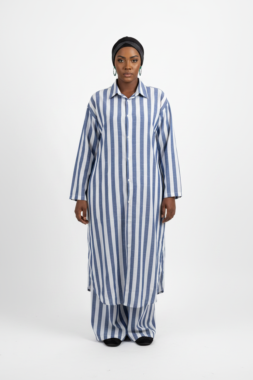 Ensemble Yasmine femme en lin - détail tissu rayé bleu et blanc