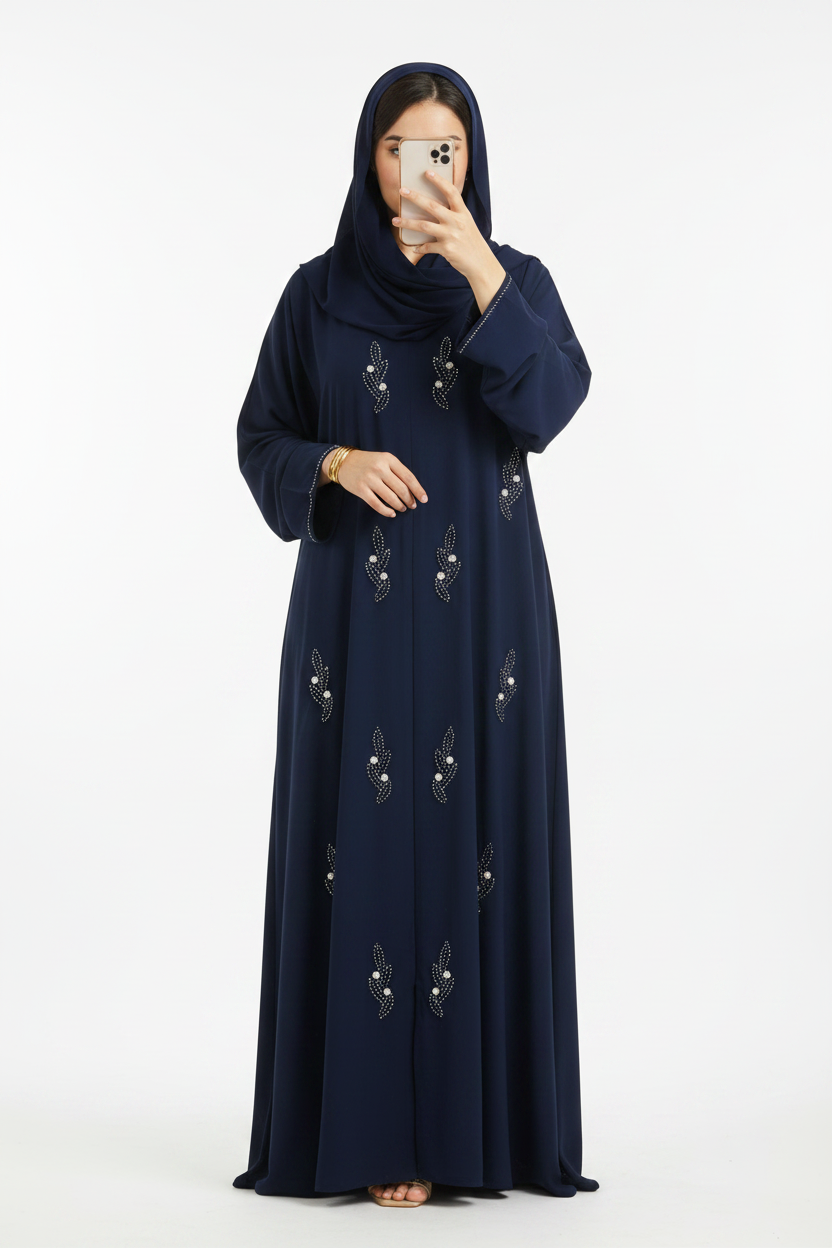 Abaya femme Neyla bleu nuit – vue de face, fond neutre