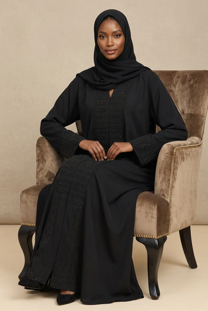 Abaya femme Aby noire en soie de Médine avec foulard assorti – portée assise