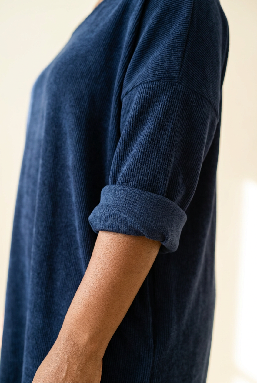 Détail de la maille côtelée et de la manche repliée de la robe Aïssata bleue