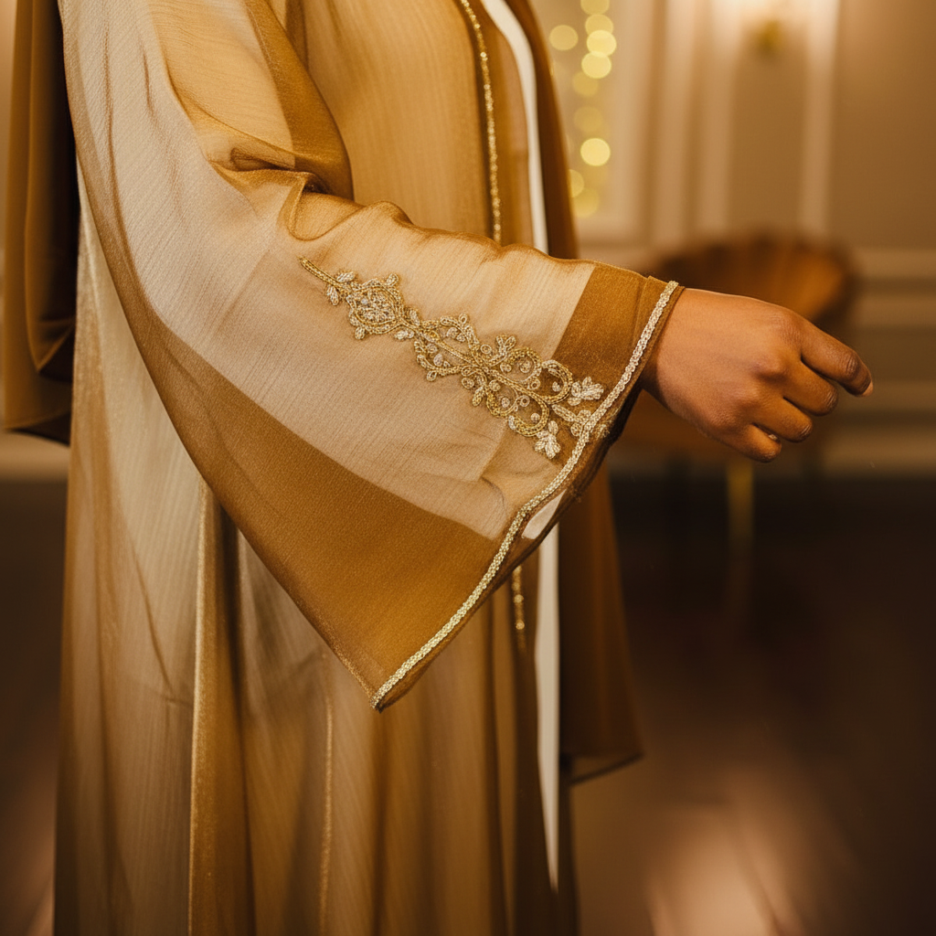 Shop by Lyah – Abaya Médina – Détail tissu & broderies dorées