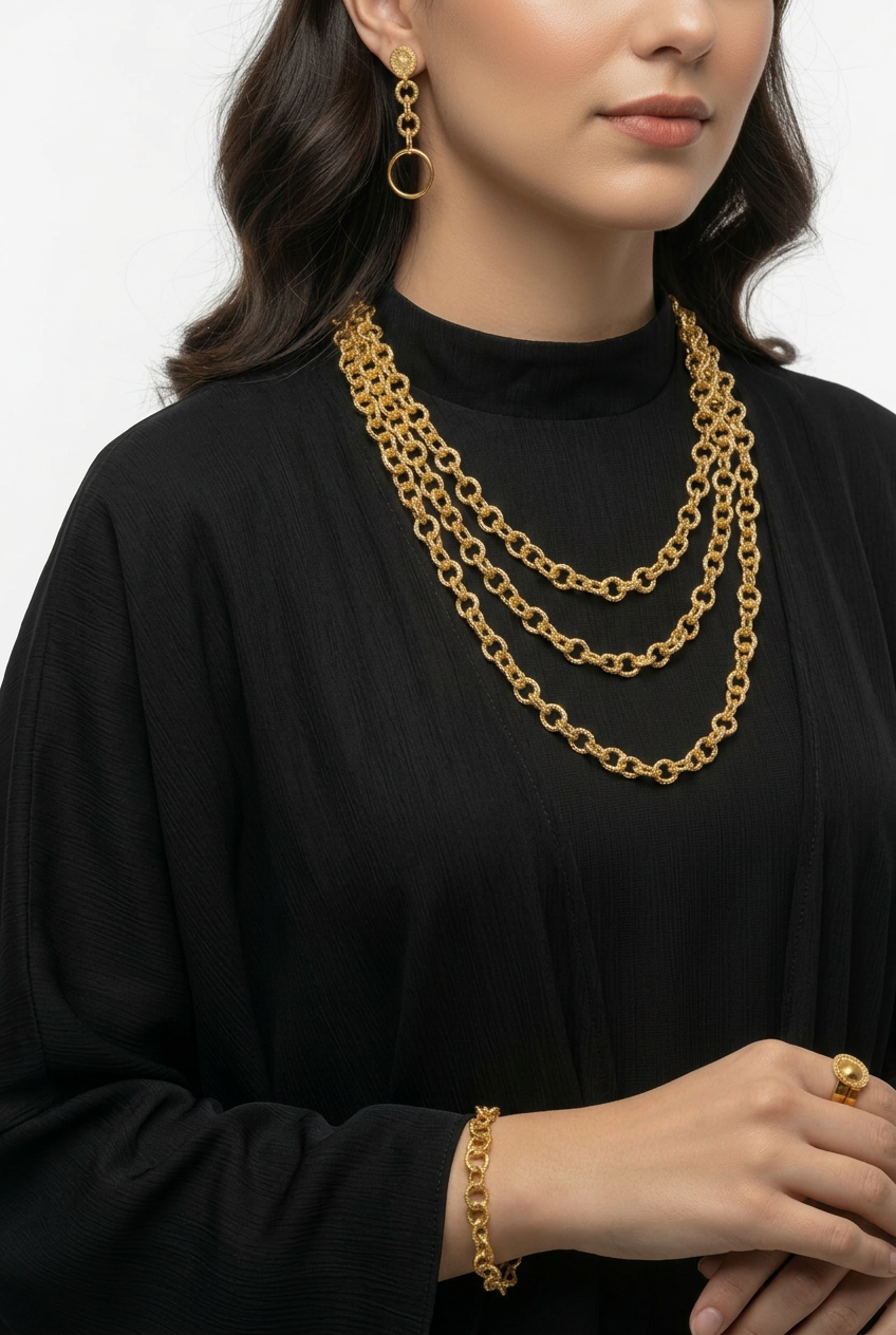 Parure Harmonie plaqué or 4 pièces – collier, bracelet, boucles d'oreilles et bague assortis