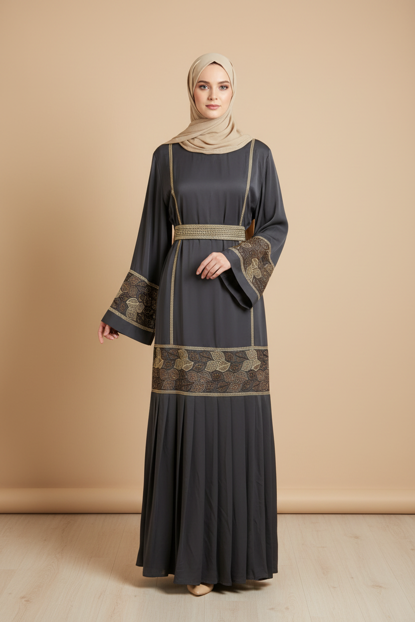 Shop by Lyah – Abaya Inaya Gris – Broderies dorées
