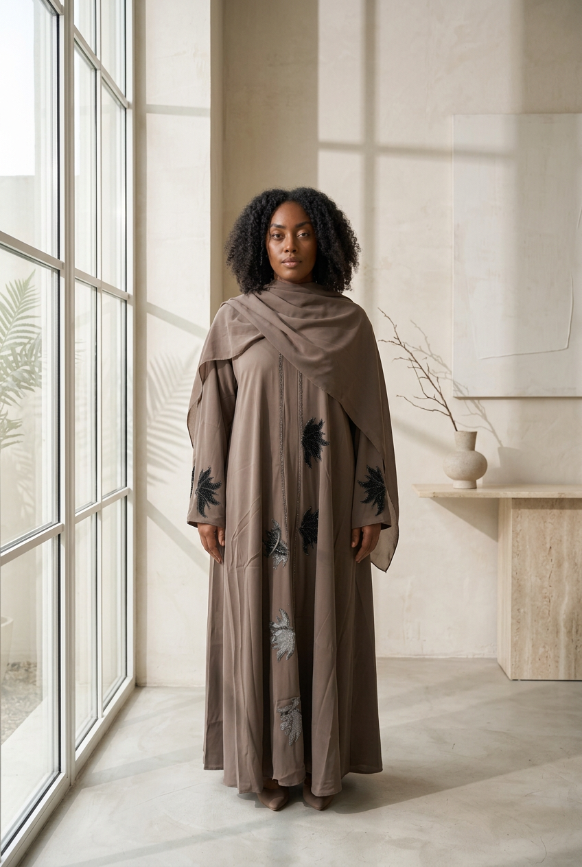 Abaya Nada taupe, soie de Médine fluide et hijab assorti