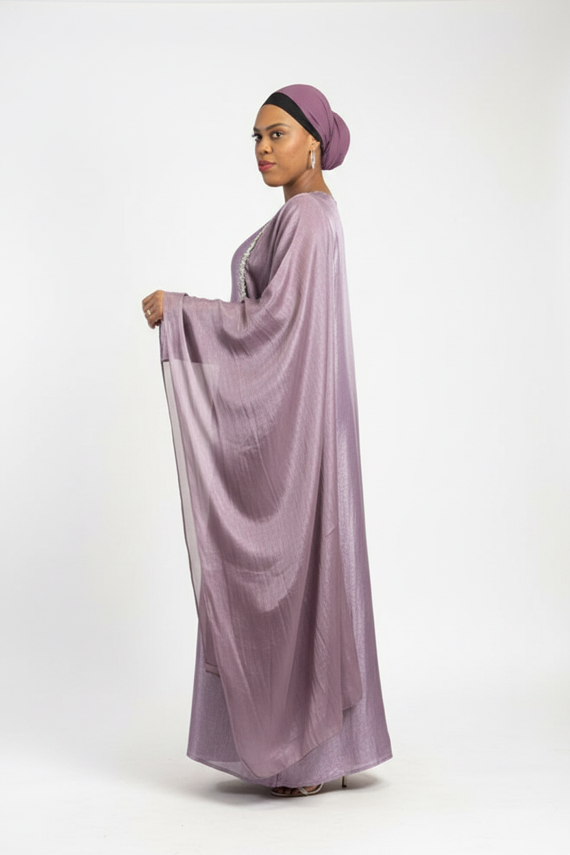 Abaya femme Aïcha marron, bleu et violet clair – cinquième vue