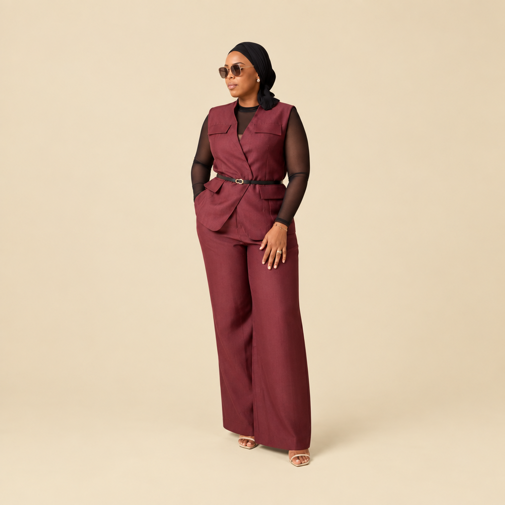 Ensemble Hana – gilet sans manches à ceinture boucle dorée et pantalon palazzo