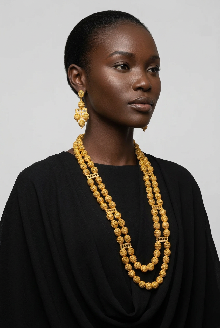Parure Amara plaqué or – collier double rang et boucles d'oreilles en perles filigranées dorées