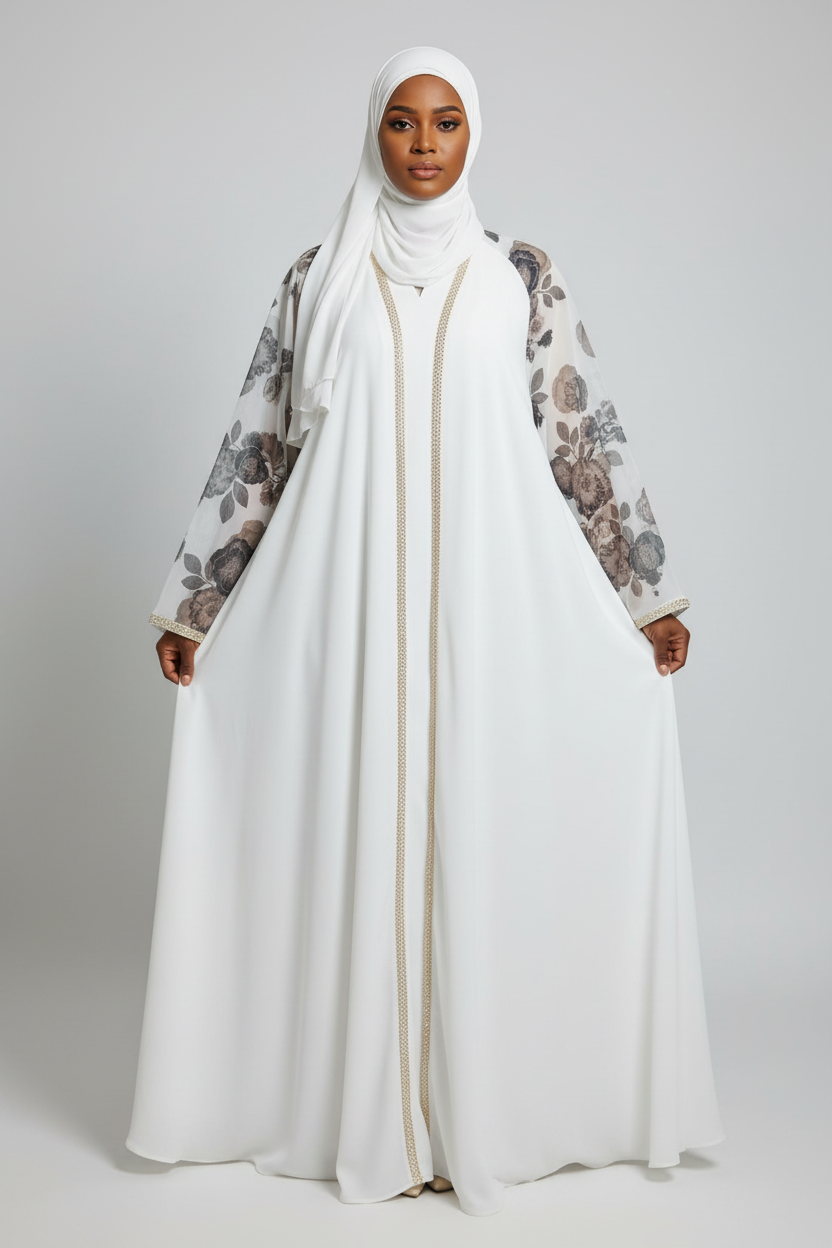 Abaya femme La Soudanaise blanche – vue de face, fond neutre
